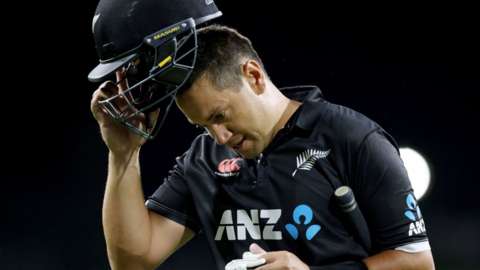 Ross Taylor takes off his helmet at the end of an innings for New Zealand