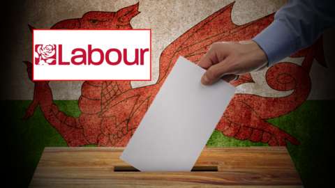 Ballot box, Welsh flag and Labour Party logo