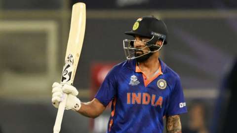 India opener KL Rahul celebrates hitting a 50 against Scotland