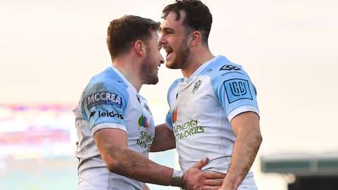 Glasgow Warriors' Ollie Smith and Rufus McLean celebrate