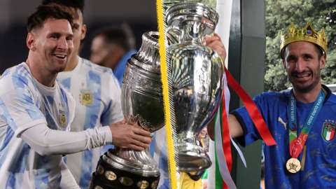Lionel Messi with the Copa America and Giorgio Chiellini with the Euros trophy