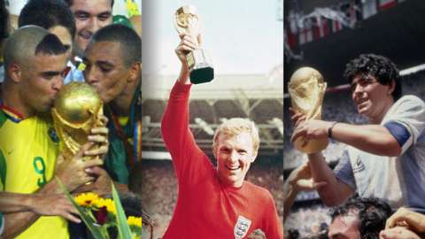Brazil celebrate winning the 2002 World Cup (left), England celebrate winning the 1996 World Cup (centre) and Argentina celebrate winning the 1986 World Cup (right)