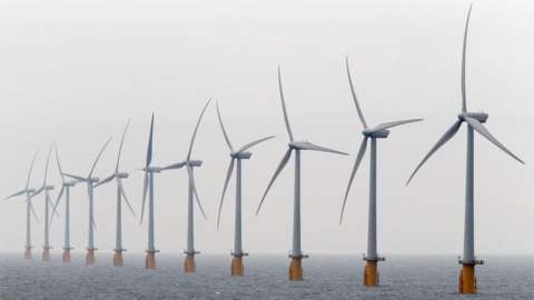 Windmills of the Thanet Offshore Wind Farm off the coast of Ramsgate in Kent