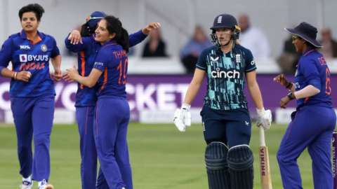 India players celebrate an England wicket