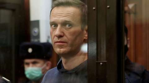 A still image taken from video footage shows Russian opposition leader Alexei Navalny in court, 2 February 2021