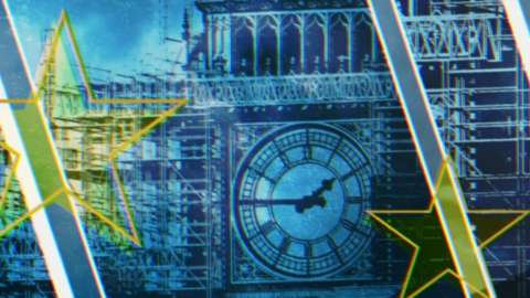 Graphically drawn Big Ben in blue overlaid with yellow EU stars