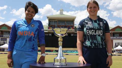 The two captains, Shafali Verma and Grace Scrivens, with the U19 World Cup trophy