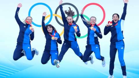 Eve Muirhead and her rink jump for joy after winning Winter Olympic gold