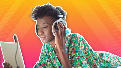A woman listens to something off an iPod in this photo illustration set against the Tech Tent orange brand colour