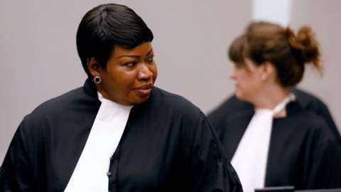 Public Prosecutor Fatou Bensouda attends the trial of Congolese warlord in 2018