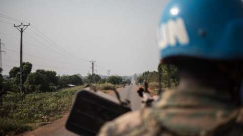 UN troops on the road to Damara, where skirmishes took place, on January 23, 2021