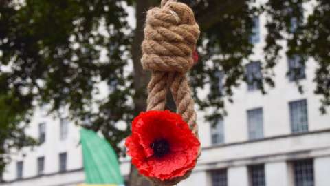 File photo showing a noose with a red poppy flower at a protest by supporters of the National Council of Resistance of Iran (NCRI) in London (3 August 2021)