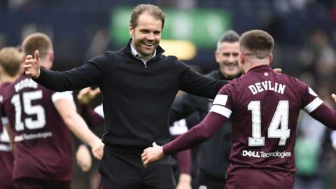 Hearts boss Robbie Neilson celebrates with his players at full-time