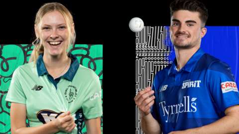Graphic of Sophia Smale (left) of Oval Invincibles and Jordan Thompson (right) of London Spirit holding a cricket ball