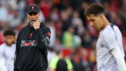 Concerned looking Jurgen Klopp after Liverpool's defeat at Manchester United