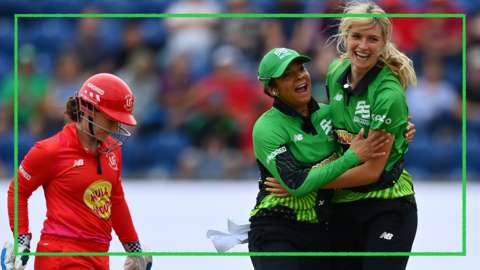 Southern Brave celebrate a wicket after Lauren Bell removes Tammy Beaumont