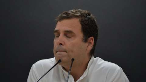 Rahul Gandhi speaking at a press conference, where he conceded the election to Prime Minister Modi