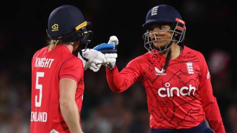 England's Sophia Dunkley (right) celebrates a half-century with Heather Knight