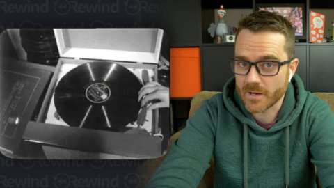 Man next to a record playing in Smithfield Market