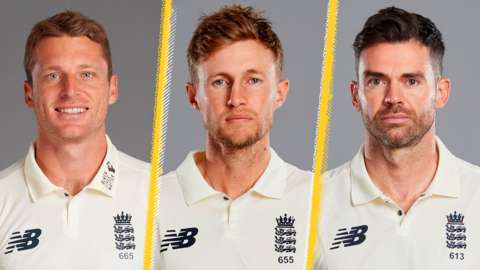 Left to right: Jos Buttler, Joe Root and James Anderson