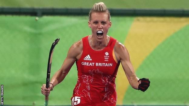 Great Britain's Alex Danson-Bennett celebrates scoring a goal in the Rio 2016 semi-final against New Zealand