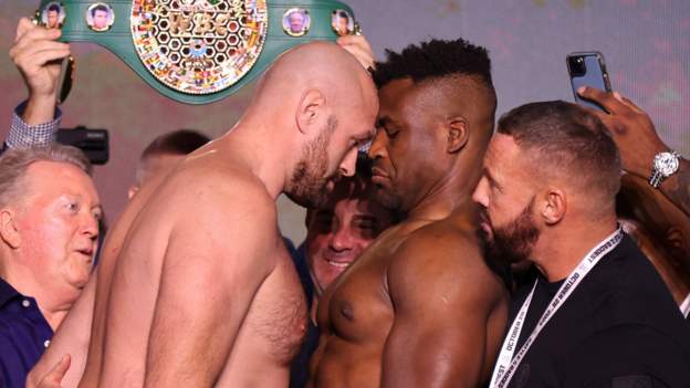 Tyson Fury v Francis Ngannou: Briton prods ex-UFC champion during Saudi Arabia weigh-in exchange