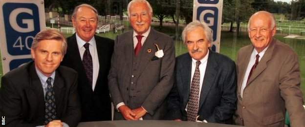 Grandstand presenters Steve Rider, David Coleman, Peter Dimmock, Desmond Lynam and Frank Bough