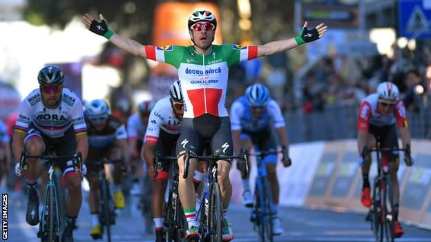 Italian champion Elia Viviani spreads his arms out to celebrate winning stage three of Tirreno-Adriatico