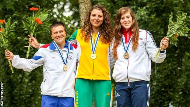 Kimberley Woods (right) wins bronze in the C1W World Cup in Spain