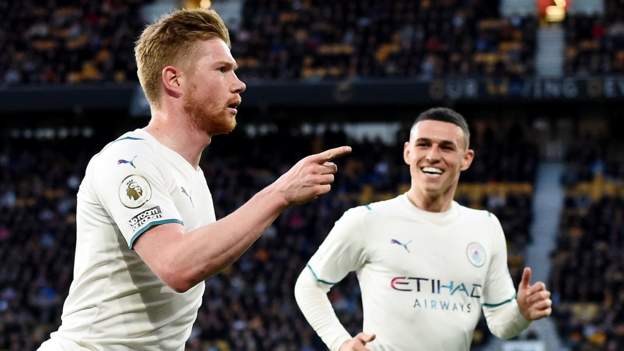 Wolves 1-5 Man City: Kevin de Bruyne scores four goals to send leaders three points clear