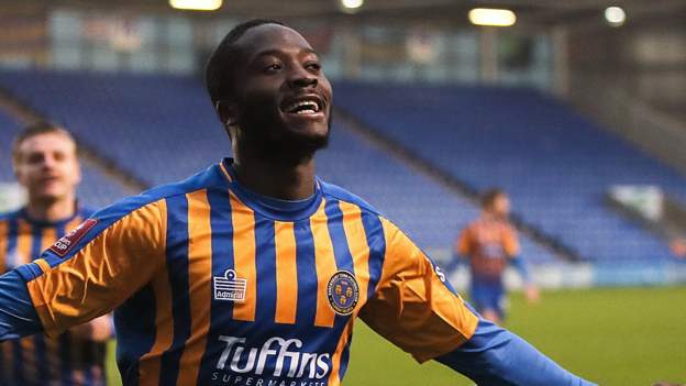 Daniel Udoh of Shrewsbury Town celebrates after scoring during the Sky Bet  League 1 match between AFC Wimbledon and Shrewsbury Town at Plough Lane,  Wimbledon on Saturday 29th January 2022. (Photo by