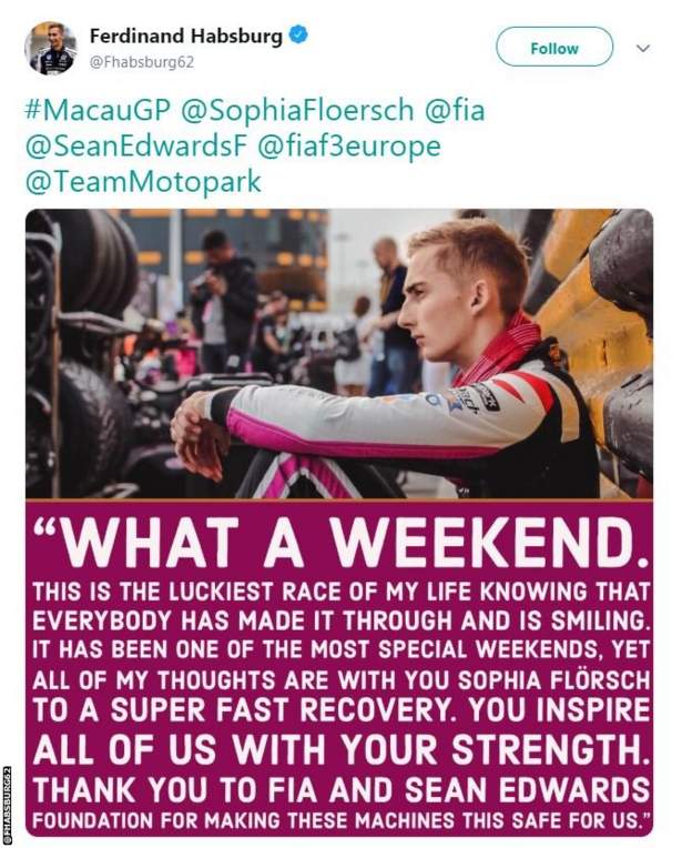 Fellow F3 driver Ferdinand Habsburg's tweet wishing Sophia Florsch well after her crash