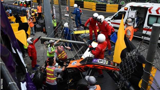 The scene at the accident site after Sophia Florsch, a German driver of Van Amersfoort Racing, flew over the barriers and crashed into a photographer' bunker at high speed