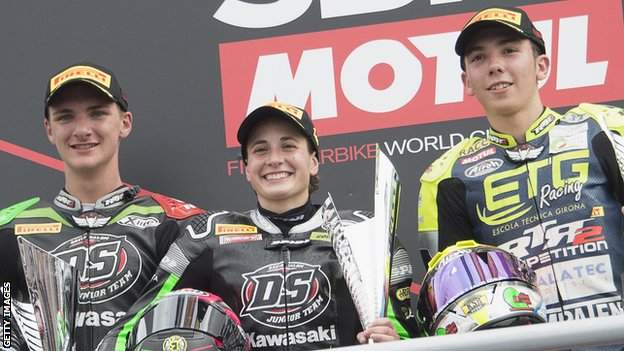 Ana Carrasco on the World Supersport 300 podium