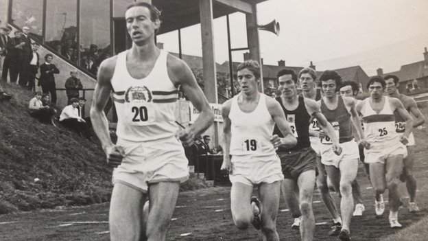 Derek Graham (left) heading England's Allan Rushmer and Scotland's Lachie Stewart on the way to winning a two-mile race at Belfast's Paisley Park in August 1968