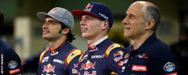 Toro Rosso drivers Carlos Sainz Jr and Max Vertsappen with team principal Franz Tost