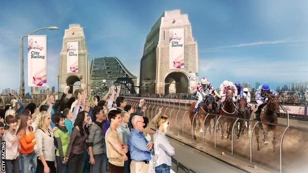 A computer generated image of horses racing over Sydney Harbour Bridge