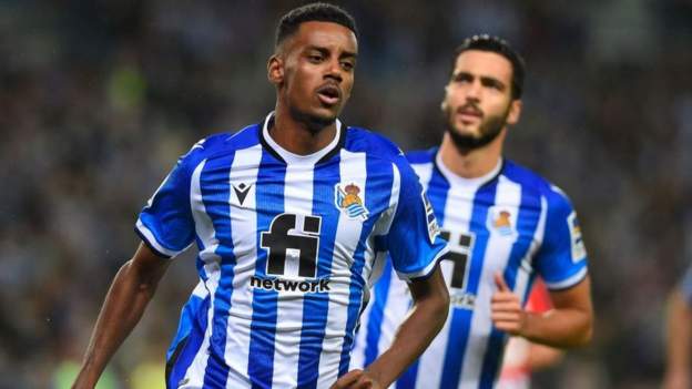 Real Sociedad's Alexander Isak heads for the ball during a Spanish