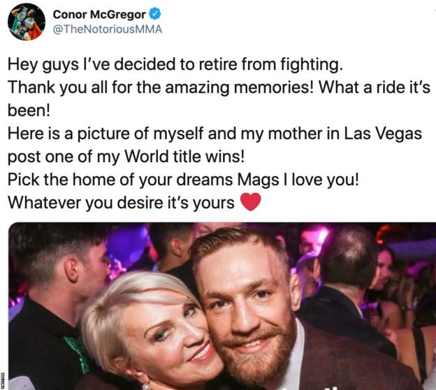 Conor McGregor twittert: "Hey Leute, ich habe beschlossen, mich vom Kampf zurückzuziehen. Danke für all die tollen Erinnerungen! Was für eine Fahrt! Hier ist ein Bild von mir und meiner Mutter in Las Vegas nach einem meiner Weltmeistertitelgewinne! Wählen Sie das Zuhause Ihrer Träume Mags Ich liebe dich! Was auch immer Sie wünschen, es gehört Ihnen "class =" qa-srcset-image "data-reactid =". 1tqxcz08cyc.0.0.0.1. $ Image-14.0.0 "/></span></span></p>
<p class=