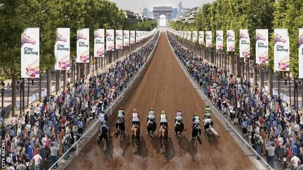 A computer generated image of racing along the Champs Elysees in Paris, France