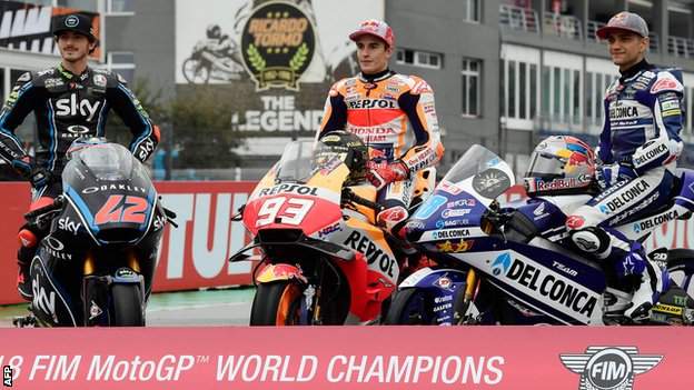 2018 MotoGP champion Marc Marquez pictured with the Moto2 winner Francesco Bagnaia and the Moto3 champion Jorge Martin