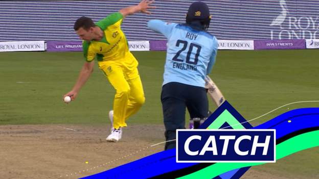 England v Australia: Josh Hazlewood takes brilliant reaction catch to remove Jason Roy