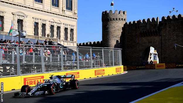 Mercedes driver Valtteri Bottas drives on the street circuit of Baku during the 2019 Azerbaijan Grand Prix