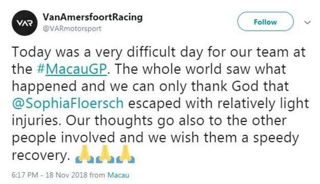 Van Amersfoort Racing's tweet saying it had been a "very difficult day" for the team