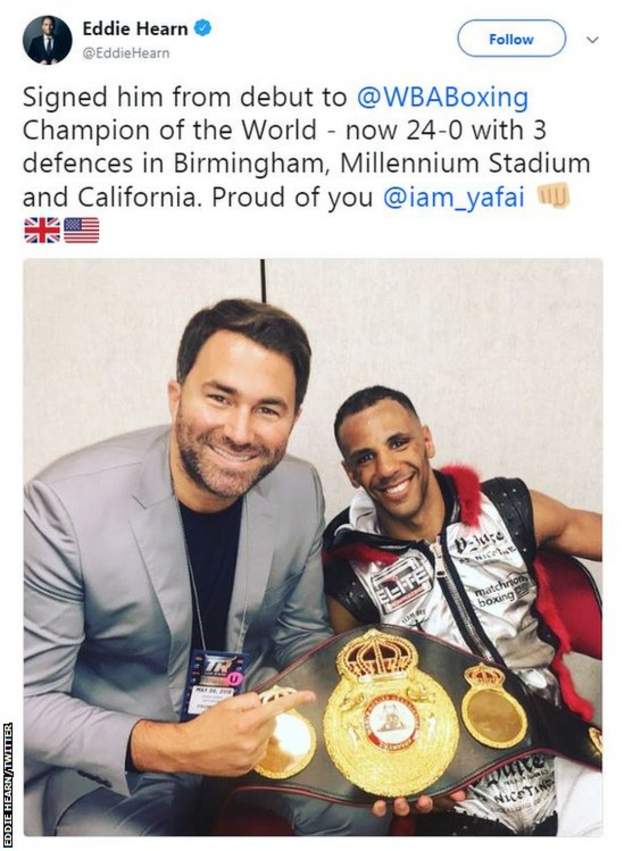 Eddie Hearn tweeted a a picture of Kal Yafai with his belt after the fight