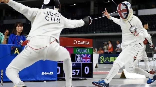 Great Britain's Joe Choong takes on China's Shuai Luo during the men's fencing at the Modern Pentathlon World Cup