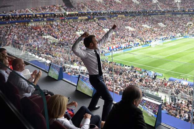 France's President Emmanuel Macron celebrates during the World Cup final