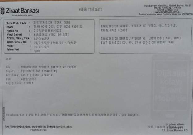 Trabzonspor, Basel maçı tribün gelirini AFAD’a bağışladı