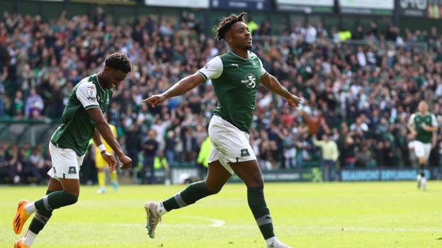Niall Ennis celebrates his goal to give Plymouth the lead against Burton