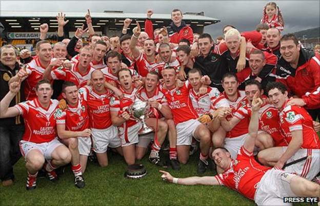 Loughgiel celebrate their victory over Cushendall at Casement Park